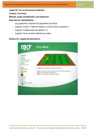 José Luis Vera Rivera, Ms.C , Ph.D y José Orlando Hernández Gamboa , Msc , Ph.D
Ciencia Y Metodología del Entrenamiento del Tiro a Portería en el Fútbol Juvenil 2013
Juego 62 tiro en situaciones estándar
Tiempo: 5 minutos
Método: juego simplificado y pre-deportivo
Descripción metodológica:
Los jugadores cumplirán las siguientes funciones
- Jugador número 1 debe de realizar un buen centro a jugador 2.
- Jugador 2 realiza pase de cabeza a 3.
- Jugador 3 tira a puerta tratando de anotar.
Grafico 63. Jugada de laboratorio.
 
