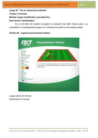 José Luis Vera Rivera, Ms.C , Ph.D y José Orlando Hernández Gamboa , Msc , Ph.D
Ciencia Y Metodología del Entrenamiento del Tiro a Portería en el Fútbol Juvenil 2013
Juego 63 Tiro en situaciones estándar
Tiempo: 5 minutos
Método: juego simplificado y pre-deportivo
Descripción metodológica:
En un tiro libre de costado el jugador en posesión del balón realiza pase a su
compañero e inmediatamente juega 4 vs 4 tratando de anotar lo más rápido posible.
Grafico 64 . Jugada de pensamiento táctico
Juego control 20 minutos
Estiramiento 5 minutos
 