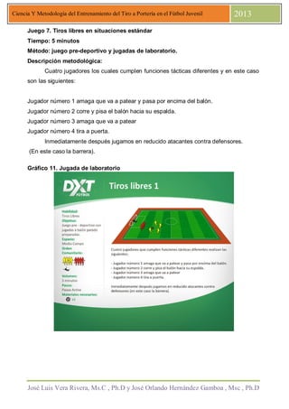 José Luis Vera Rivera, Ms.C , Ph.D y José Orlando Hernández Gamboa , Msc , Ph.D
Ciencia Y Metodología del Entrenamiento del Tiro a Portería en el Fútbol Juvenil 2013
Juego 7. Tiros libres en situaciones estándar
Tiempo: 5 minutos
Método: juego pre-deportivo y jugadas de laboratorio.
Descripción metodológica:
Cuatro jugadores los cuales cumplen funciones tácticas diferentes y en este caso
son las siguientes:
Jugador número 1 amaga que va a patear y pasa por encima del balón.
Jugador número 2 corre y pisa el balón hacia su espalda.
Jugador número 3 amaga que va a patear
Jugador número 4 tira a puerta.
Inmediatamente después jugamos en reducido atacantes contra defensores.
(En este caso la barrera).
Gráfico 11. Jugada de laboratorio
 
