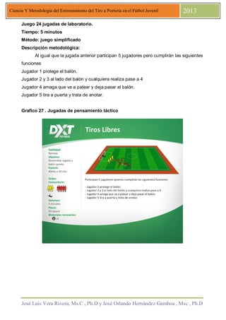 José Luis Vera Rivera, Ms.C , Ph.D y José Orlando Hernández Gamboa , Msc , Ph.D
Ciencia Y Metodología del Entrenamiento del Tiro a Portería en el Fútbol Juvenil 2013
Juego 24 jugadas de laboratorio.
Tiempo: 5 minutos
Método: juego simplificado
Descripción metodológica:
Al igual que la jugada anterior participan 5 jugadores pero cumplirán las siguientes
funciones
Jugador 1 protege el balón.
Jugador 2 y 3 al lado del balón y cualquiera realiza pase a 4
Jugador 4 amaga que va a patear y deja pasar el balón.
Jugador 5 tira a puerta y trata de anotar.
Grafico 27 . Jugadas de pensamiento táctico
 