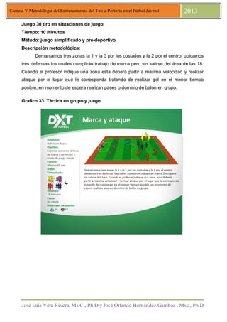 José Luis Vera Rivera, Ms.C , Ph.D y José Orlando Hernández Gamboa , Msc , Ph.D
Ciencia Y Metodología del Entrenamiento del Tiro a Portería en el Fútbol Juvenil 2013
Juego 30 tiro en situaciones de juego
Tiempo: 10 minutos
Método: juego simplificado y pre-deportivo
Descripción metodológica:
Demarcamos tres zonas la 1 y la 3 por los costados y la 2 por el centro, ubicamos
tres defensas los cuales cumplirán trabajo de marca pero sin salirse del área de las 18.
Cuando el profesor indique una zona esta deberá partir a máxima velocidad y realizar
ataque por el lugar que le corresponda tratando de realizar gol en el menor tiempo
posible, en momento de espera realizan pases o dominio de balón en grupo.
Grafico 33. Táctica en grupo y juego.
 