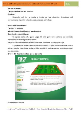 José Luis Vera Rivera, Ms.C , Ph.D y José Orlando Hernández Gamboa , Msc , Ph.D
Ciencia Y Metodología del Entrenamiento del Tiro a Portería en el Fútbol Juvenil 2013
Sesión: número 5
Tiempo de duración: 80 minutos
Objetivo:
Desarrollo del tiro a puerta a través de las diferentes direcciones del
entrenamiento deportivo seleccionadas para esta estructura.
Juego 32 Calentamiento
Tiempo: 15 minutos
Método: juego simplificado y pre-deportivo
Descripción metodológica:
El equipo realiza el popular juego del torito pero como variante se cumplirán
indicaciones metodológicas tales como:
Ejercicios de calentamiento, orden coordinación y cambios de ritmo y de lugar.
El jugador que está en el centro se le contaran 20 toques. Inmediatamente pasara
a tirar a puerta, tratando de anotar, si falla seguirá de torito y además tendrá que pagar
una penitencia.
Grafico 35. Calentamiento y juego del torito
Estiramiento 5 minutos
 