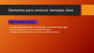 • Lo más importante debe ir al principio y al final de lo que diga
• No asuma que quien lo escucha sabe del tema
• Ataque las inquietudes de la prensa (o audiencias clave)
Elementos para construir mensajes clave
Ideas concisas y breves
 