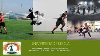 UNIVERSIDAD U.D.C.A
PROGRAMA ENTRENAMIENTO DEPORTIVO
PRESENTADO POR JUAN DAVID CALDERÓN LÓPEZ
 