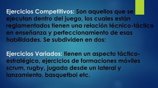 Ejercicios Competitivos: Son aquellos que se
ejecutan dentro del juego, los cuales están
reglamentados tienen una relación técnico-táctico
en enseñanza y perfeccionamiento de esas
habilidades. Se subdividen en dos:
Ejercicios Variados: tienen un aspecto táctico-
estratégico, ejercicios de formaciones móviles
scrum, rugby, jugada desde un lateral y
lanzamiento, basquetbol etc.
 