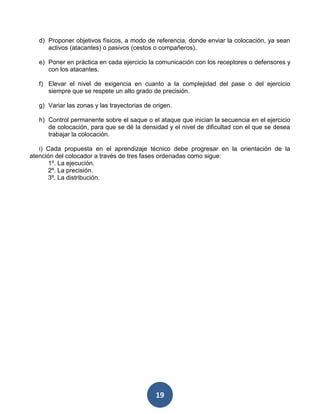 d) Proponer objetivos físicos, a modo de referencia, donde enviar la colocación, ya sean
      activos (atacantes) o pasivos (cestos o compañeros).

   e) Poner en práctica en cada ejercicio la comunicación con los receptores o defensores y
      con los atacantes.

   f) Elevar el nivel de exigencia en cuanto a la complejidad del pase o del ejercicio
      siempre que se respete un alto grado de precisión.

   g) Variar las zonas y las trayectorias de origen.

   h) Control permanente sobre el saque o el ataque que inician la secuencia en el ejercicio
      de colocación, para que se dé la densidad y el nivel de dificultad con el que se desea
      trabajar la colocación.

   i) Cada propuesta en el aprendizaje técnico debe progresar en la orientación de la
atención del colocador a través de tres fases ordenadas como sigue:
       1º. La ejecución.
       2º. La precisión.
       3º. La distribución.




                                              19
 