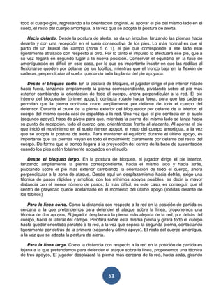 todo el cuerpo gire, regresando a la orientación original. Al apoyar el pie del mismo lado en el
suelo, el resto del cuerpo amortigua, a la vez que se adopta la postura de alerta.

    Hacia delante. Desde la postura de alerta, se da un impulso, lanzando las piernas hacia
delante y con una recepción en el suelo consecutiva de los pies. Lo más normal es que si
parto de un lateral del campo (zona 5 ó 1), el pie que corresponde a ese lado esté
ligeramente atrasado con respecto al otro. Por lo tanto el impulso lo efectuará ese pie, que a
su vez llegará en segundo lugar a la nueva posición. Conservar el equilibrio en la fase de
amortiguación es difícil en este caso, por lo que es importante insistir en que las rodillas al
flexionarse queden por delante de los tobillos, mientras que el tronco baja en la flexión de
caderas, perpendicular al suelo, quedando toda la planta del pie apoyada.

    Desde el bloqueo corto. En la postura de bloqueo, el jugador dirige el pie interior rotado
hacia fuera, lanzando ampliamente la pierna correspondiente, pivotando sobre el pie más
exterior cambiando la orientación de todo el cuerpo, ahora perpendicular a la red. El pie
interno del bloqueador (primer apoyo), contacta rotado hacia fuera, para que las caderas
permitan que la pierna contraria cruce ampliamente por delante de todo el cuerpo del
defensor. Durante el cruce de la pierna exterior del bloqueador por delante de la interior, el
cuerpo del mismo queda casi de espaldas a la red. Una vez que el pie contacta en el suelo
(segundo apoyo), hace de pivote para que, mientras la pierna del mismo lado se lanza hacia
su punto de recepción, todo el cuerpo gire, orientándose frente al atacante. Al apoyar el pie
que inició el movimiento en el suelo (tercer apoyo), el resto del cuerpo amortigua, a la vez
que se adopta la postura de alerta. Para mantener el equilibrio durante el último apoyo, es
importante que las piernas vayan en todo el movimiento claramente por delante del resto del
cuerpo. De forma que el tronco llegará a la proyección del centro de la base de sustentación
cuando los pies estén totalmente apoyados en el suelo.

    Desde el bloqueo largo. En la postura de bloqueo, el jugador dirige el pie interior,
lanzando ampliamente la pierna correspondiente, hacia el mismo lado y hacia atrás,
pivotando sobre el pie más exterior cambiando la orientación de todo el cuerpo, ahora
perpendicular a la zona de ataque. Desde aquí un desplazamiento hacia detrás, exige una
técnica de pasos rápidos y amplios, con los mínimos apoyos posibles, es decir la mayor
distancia con el menor número de pasos; lo más difícil, es este caso, es conseguir que el
centro de gravedad quede adelantado en el momento del último apoyo (rodillas delante de
los tobillos)

    Para la línea corto. Como la distancia con respecto a la red en la posición de partida es
cercana a la que pretendemos para defender el ataque sobre la línea, proponemos una
técnica de dos apoyos, El jugador desplazará la pierna más alejada de la red, por detrás del
cuerpo, hacia el lateral del campo. Pivotará sobre esta misma pierna y girará todo el cuerpo
hasta quedar orientado paralelo a la red, a la vez que separa la segunda pierna, contactando
ligeramente por detrás de la primera (segundo y último apoyo). El resto del cuerpo amortigua,
a la vez que se adopta la postura de alerta.

    Para la línea larga. Como la distancia con respecto a la red en la posición de partida es
lejana a la que pretendemos para defender el ataque sobre la línea, proponemos una técnica
de tres apoyos, El jugador desplazará la pierna más cercana de la red, hacia atrás, girando



                                              51
 