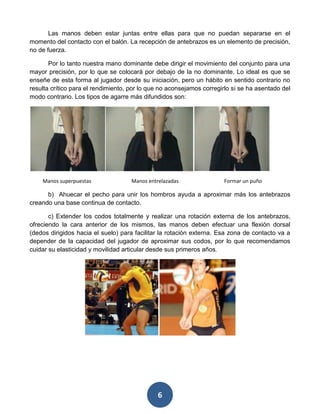 Las manos deben estar juntas entre ellas para que no puedan separarse en el
momento del contacto con el balón. La recepción de antebrazos es un elemento de precisión,
no de fuerza.

       Por lo tanto nuestra mano dominante debe dirigir el movimiento del conjunto para una
mayor precisión, por lo que se colocará por debajo de la no dominante. Lo ideal es que se
enseñe de esta forma al jugador desde su iniciación, pero un hábito en sentido contrario no
resulta crítico para el rendimiento, por lo que no aconsejamos corregirlo si se ha asentado del
modo contrario. Los tipos de agarre más difundidos son:




    Manos superpuestas               Manos entrelazadas               Formar un puño

      b) Ahuecar el pecho para unir los hombros ayuda a aproximar más los antebrazos
creando una base continua de contacto.

       c) Extender los codos totalmente y realizar una rotación externa de los antebrazos,
ofreciendo la cara anterior de los mismos, las manos deben efectuar una flexión dorsal
(dedos dirigidos hacia el suelo) para facilitar la rotación externa. Esa zona de contacto va a
depender de la capacidad del jugador de aproximar sus codos, por lo que recomendamos
cuidar su elasticidad y movilidad articular desde sus primeros años.




                                               6
 