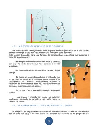 1.5.   LA RECEPCIÓN MEDIANTE PASE DE DEDOS.

   Las modificaciones del reglamento sobre el primer contacto (supresión de la falta doble),
están dando lugar al uso más frecuente de una técnica de pase de dedos.
Esta técnica dispondrá, para esta función, de características específicas que pasamos a
describir a continuación:

       • El receptor debe estar detrás del balón y centrado
con respecto a éste, de forma que no se contacte al lado de
la cabeza.

      • El balón debe estar encima de la cabeza, no por
debajo.

       • Se busca un pase más parabólico al colocador que
en el pase de antebrazos, evitando pases tensos. Esta
circunstancia se acentúa especialmente cuando la
recepción se produce cerca de la red, para evitar déficit de
tiempo en la construcción del ataque.

      • Es necesario poner los dedos más rígidos que para
colocar.

       • Los brazos y el resto del cuerpo se extienden
totalmente siguiendo la trayectoria del balón hacia el
destino del mismo.

   1.6.   EL ENTRENAMIENTO DE LA RECEPCIÓN DEL SAQUE.


   La recepción del saque ha demostrado ser un elemento con una correlación muy elevada
con el éxito del equipo; además existe un marcado desequilibrio en la progresión del


                                              9
 