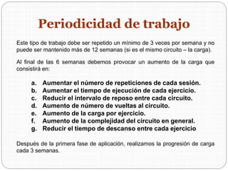 Este tipo de trabajo debe ser repetido un mínimo de 3 veces por semana y no
puede ser mantenido más de 12 semanas (si es el mismo circuito – la carga).
Al final de las 6 semanas debemos provocar un aumento de la carga que
consistirá en:
a. Aumentar el número de repeticiones de cada sesión.
b. Aumentar el tiempo de ejecución de cada ejercicio.
c. Reducir el intervalo de reposo entre cada circuito.
d. Aumento de número de vueltas al circuito.
e. Aumento de la carga por ejercicio.
f. Aumento de la complejidad del circuito en general.
g. Reducir el tiempo de descanso entre cada ejercicio
Después de la primera fase de aplicación, realizamos la progresión de carga
cada 3 semanas.
Periodicidad de trabajo
 