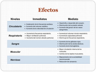 Efectos
Niveles Inmediatos Mediato
Circulatorio
 Aceleración de la frecuencia cardiaca.
 Aumento del volumen sistólico.
 Aumento de la velocidad de circulación.
Respiratorio
 Aumenta la frecuencia respiratoria.
 Mayor ventilación pulmonar.
 Aumento del número alveolo pulmonar.
Sangre
Muscular
Nervioso
 Hipertrofia o desarrollo del corazón.
 Disminución de la presión arterial.
 Aumento del grosor de los vasos
sanguíneos.
 Aumenta el volumen minuto respiratorio.
 Aumenta la capacidad pulmonar.
 Disminuye la frecuencia respiratoria.
 Aumento de los glóbulos rojos.
 Disminución de los ácidos lácticos.
 Aumento de la hemoglobina.
 Mayor circulación interna de los
músculos.
 Cambio de los tejidos musculares.
 Mejoramiento de la excitabilidad
neuromuscular.
 Reducción de cansancio.
 