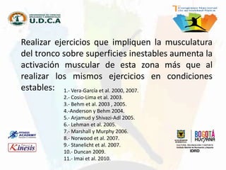 Realizar ejercicios que impliquen la musculatura
del tronco sobre superficies inestables aumenta la
activación muscular de esta zona más que al
realizar los mismos ejercicios en condiciones
estables: 1.- Vera-García et al. 2000, 2007.
2.- Cosio-Lima et al. 2003.
3.- Behm et al. 2003 , 2005.
4.-Anderson y Behm 2004.
5.- Arjamud y Shivazi-Adl 2005.
6.- Lehman et al. 2005.
7.- Marshall y Murphy 2006.
8.- Norwood et al. 2007.
9.- Stanelicht et al. 2007.
10.- Duncan 2009.
11.- Imai et al. 2010.
 