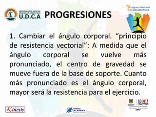 1. Cambiar el ángulo corporal. “principio
de resistencia vectorial”: A medida que el
ángulo corporal se vuelve más
pronunciado, el centro de gravedad se
mueve fuera de la base de soporte. Cuanto
más pronunciado es el ángulo corporal,
mayor será la resistencia para el ejercicio.
PROGRESIONES
 