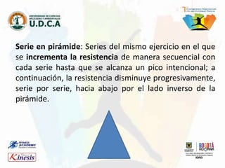 Serie en pirámide: Series del mismo ejercicio en el que
se incrementa la resistencia de manera secuencial con
cada serie hasta que se alcanza un pico intencional; a
continuación, la resistencia disminuye progresivamente,
serie por serie, hacia abajo por el lado inverso de la
pirámide.
 