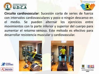 Circuito cardiovascular: Sucesión corta de series de fuerza
con intervalos cardiovasculares y poco o ningún descanso en
el medio. Se pueden alternar los ejercicios entre
movimientos con la parte inferior y superior del cuerpo para
aumentar el retorno venoso. Este método es efectivo para
desarrollar resistencia muscular y cardiovascular.
 