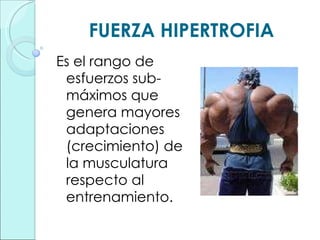 FUERZA HIPERTROFIA Es el rango de esfuerzos sub-máximos que genera mayores adaptaciones (crecimiento) de la musculatura respecto al entrenamiento. 