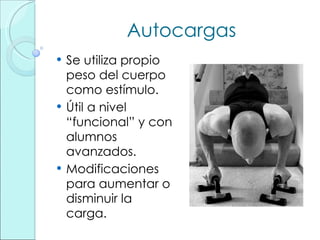 Autocargas Se utiliza propio peso del cuerpo como estímulo. Útil a nivel “funcional” y con alumnos avanzados. Modificaciones para aumentar o disminuir la carga. 
