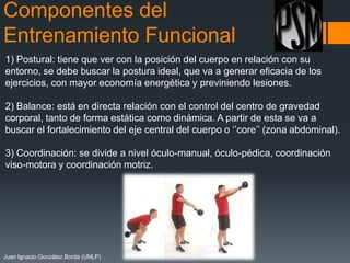 Componentes del
Entrenamiento Funcional
1) Postural: tiene que ver con la posición del cuerpo en relación con su
entorno, se debe buscar la postura ideal, que va a generar eficacia de los
ejercicios, con mayor economía energética y previniendo lesiones.
2) Balance: está en directa relación con el control del centro de gravedad
corporal, tanto de forma estática como dinámica. A partir de esta se va a
buscar el fortalecimiento del eje central del cuerpo o ‘’core’’ (zona abdominal).
3) Coordinación: se divide a nivel óculo-manual, óculo-pédica, coordinación
viso-motora y coordinación motriz.

Juan Ignacio González Borda (UNLP)

 