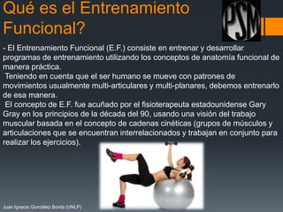 Qué es el Entrenamiento
Funcional?
- El Entrenamiento Funcional (E.F.) consiste en entrenar y desarrollar
programas de entrenamiento utilizando los conceptos de anatomía funcional de
manera práctica.
Teniendo en cuenta que el ser humano se mueve con patrones de
movimientos usualmente multi-articulares y multi-planares, debemos entrenarlo
de esa manera.
El concepto de E.F. fue acuñado por el fisioterapeuta estadounidense Gary
Gray en los principios de la década del 90, usando una visión del trabajo
muscular basada en el concepto de cadenas cinéticas (grupos de músculos y
articulaciones que se encuentran interrelacionados y trabajan en conjunto para
realizar los ejercicios).

Juan Ignacio González Borda (UNLP)

 