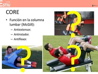 CORE
• Función en la columna
lumbar (McGill):
– Antiextensor.
– Antirotador.
– Antiflexor.
 