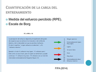CUANTIFICACIÓN DE LA CARGA DEL
ENTRENAMIENTO
 Medida del esfuerzo percibido (RPE).
 Escala de Borg
FIFA (2014)
 
