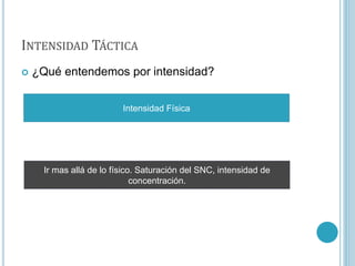 INTENSIDAD TÁCTICA
 ¿Qué entendemos por intensidad?
Intensidad Física
Ir mas allá de lo físico. Saturación del SNC, intensidad de
concentración.
 