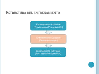 ESTRUCTURA DEL ENTRENAMIENTO
Entrenamiento Individual
(Previo sesión/Pre activación)
Entrenamiento Colectivo
(Sesión en campo)
Entrenamiento Individual
(Post sesión/recuperación)
 