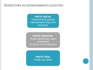ESTRUCTURA DE ENTRENAMIENTO COLECTIVO
PARTE INICIAL
Calentamiento general
Calentamiento Específico
Activación
PARTE PRINCIPAL
Tareas clasificadas según
complejidad
Dinámica de los esfuerzos
PARTE FINAL
Vuelta a la calma
 