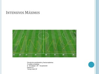 INTENSIVOS MÁXIMOS
Circuito de coordinación y fuerza explosiva
3 vueltas completas
5´´ de trabajo x 30´´ recuperación
Pausa 2-3 ´
Tiempo total: 24´
 
