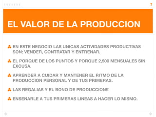 7




EL VALOR DE LA PRODUCCION

 EN ESTE NEGOCIO LAS UNICAS ACTIVIDADES PRODUCTIVAS
 SON: VENDER, CONTRATAR Y ENTRENAR.

 EL PORQUE DE LOS PUNTOS Y PORQUE 2,500 MENSUALES SIN
 EXCUSA.

 APRENDER A CUIDAR Y MANTENER EL RITMO DE LA
 PRODUCCION PERSONAL Y DE TUS PRIMERAS.

 LAS REGALIAS Y EL BONO DE PRODUCCION!!!

 ENSENARLE A TUS PRIMERAS LINEAS A HACER LO MISMO.
 