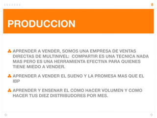 8




PRODUCCION

APRENDER A VENDER, SOMOS UNA EMPRESA DE VENTAS
DIRECTAS DE MULTINIVEL: COMPARTIR ES UNA TECNICA NADA
MAS PERO ES UNA HERRAMIENTA EFECTIVA PARA QUIENES
TIENE MIEDO A VENDER.

APRENDER A VENDER EL SUENO Y LA PROMESA MAS QUE EL
IBP

APRENDER Y ENSENAR EL COMO HACER VOLUMEN Y COMO
HACER TUS DIEZ DISTRIBUDORES POR MES.
 