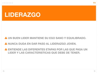 11




LIDERAZGO


UN BUEN LIDER MANTIENE SU EGO SANO Y EQUILIBRADO.

NUNCA DUDA EN DAR PASO AL LIDERAZGO JOVEN.

ENTIENDE LAS DIFERENTES ETAPAS POR LAS QUE PASA UN
LIDER Y LAS CARACTERISTICAS QUE DEBE DE TENER.
 