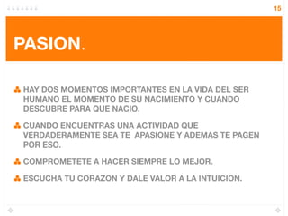 15




PASION.

HAY DOS MOMENTOS IMPORTANTES EN LA VIDA DEL SER
HUMANO EL MOMENTO DE SU NACIMIENTO Y CUANDO
DESCUBRE PARA QUE NACIO.

CUANDO ENCUENTRAS UNA ACTIVIDAD QUE
VERDADERAMENTE SEA TE APASIONE Y ADEMAS TE PAGEN
POR ESO.

COMPROMETETE A HACER SIEMPRE LO MEJOR.

ESCUCHA TU CORAZON Y DALE VALOR A LA INTUICION.
 