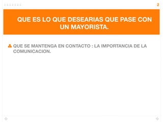2



 QUE ES LO QUE DESEARIAS QUE PASE CON
             UN MAYORISTA.

QUE SE MANTENGA EN CONTACTO : LA IMPORTANCIA DE LA
COMUNICACION.
 