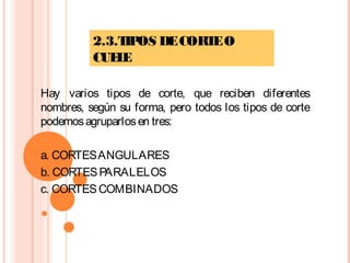 2.3.TIPOS DECORTEO
CUELE
Hay varios tipos de corte, que reciben diferentes
nombres, según su forma, pero todos los tipos de corte
podemosagruparlosen tres:
a. CORTESANGULARES
b. CORTESPARALELOS
c. CORTESCOMBINADOS
 