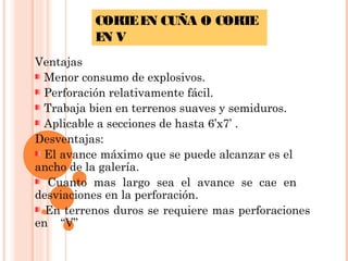 CORTEEN CUÑA O CORTE
EN V
Ventajas
Menor consumo de explosivos.
Perforación relativamente fácil.
Trabaja bien en terrenos suaves y semiduros.
Aplicable a secciones de hasta 6’x7’ .
Desventajas:
El avance máximo que se puede alcanzar es el
ancho de la galería.
Cuanto mas largo sea el avance se cae en
desviaciones en la perforación.
En terrenos duros se requiere mas perforaciones
en “V”
 