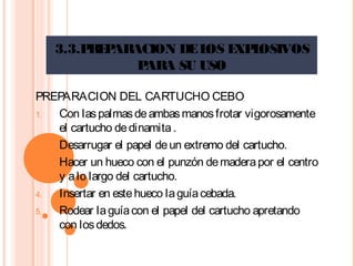 3.3.PREPARACION DELOS EXPLOSIVOS
PARA SU USO
PREPARACION DEL CARTUCHO CEBO
1. Con laspalmasdeambasmanosfrotar vigorosamente
el cartucho dedinamita.
2. Desarrugar el papel deun extremo del cartucho.
3. Hacer un hueco con el punzón demaderapor el centro
y alo largo del cartucho.
4. Insertar en estehueco laguíacebada.
5. Rodear laguíacon el papel del cartucho apretando
con losdedos.
 