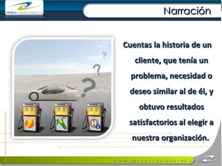 Cuentas la historia de un cliente, que tenía un problema, necesidad o deseo similar al de él, y obtuvo resultados satisfactorios al elegir a nuestra organización.  Narración 