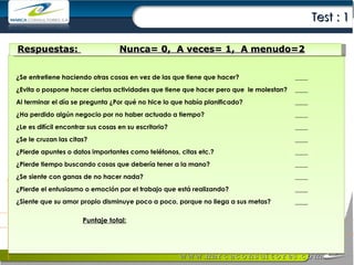 Test : 1 ¿Se  entretiene haciendo otras cosas  en  vez  de  las que tiene que hacer ? ____ ¿Evita o pospone hacer ciertas actividades que tiene que hacer pero que  le molestan?  ____ Al terminar el día se pregunta ¿Por qué no hice lo que había planificado?  ____ ¿Ha perdido algún negocio por no haber actuado a tiempo? ____ ¿Le es difícil encontrar sus cosas en su escritorio? ____ ¿Se le cruzan las citas? ____ ¿Pierde apuntes o datos importantes como teléfonos, citas etc.? ____ ¿Pierde tiempo buscando cosas que debería tener a la mano? ____ ¿Se siente con ganas de no hacer nada? ____ ¿Pierde el entusiasmo o emoción por el trabajo que está realizando? ____ ¿Siente que su amor propio disminuye poco a poco, porque no llega a sus metas? ____ Puntaje total: Respuestas:  Nunca = 0 ,  A veces= 1,  A menudo=2 