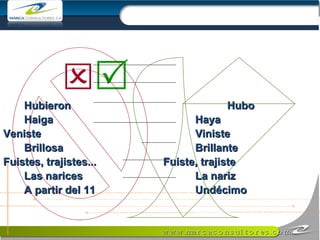   Hubieron Hubo Haiga Haya Veniste Viniste Brillosa Brillante Fuistes, trajistes... Fuiste, trajiste Las narices La nariz A partir del 11 Undécimo 