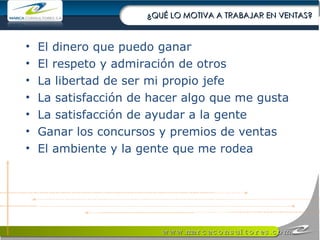 ¿QUÉ LO MOTIVA A TRABAJAR EN VENTAS? El dinero que puedo ganar El respeto y admiración de otros La libertad de ser mi propio jefe La satisfacción de hacer algo que me gusta La satisfacción de ayudar a la gente Ganar los concursos y premios de ventas El ambiente y la gente que me rodea 