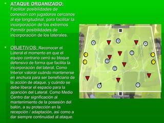  ATAQUE ORGANIZADO:
  Facilitar posibilidades de
  conexión con jugadores cercanos
  al eje longitudinal, para facilitar la
  incorporación de los extremos
  Permitir posibilidades de
  incorporación de los laterales.

 OBJETIVOS: Reconocer el
   Lateral el momento en que el
   equipo contrario cerró su bloque
   defensivo de forma que facilita la
   incorporación del lateral. Como
   Interior valorar cuándo mantenerse
   en anchura para ser beneficiario de
   la acción de ataque, y cuándo se
   debe liberar el espacio para la
   aparición del Lateral. Como Medio
   Centro dar significación al
   mantenimiento de la posesión del
   balón, a su protección en la
   recepción / adaptación, así como a
   dar siempre continuidad al ataque.
 