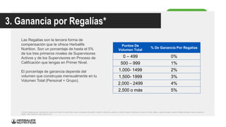 3. Ganancia por Regalías*
Puntos De
Volumen Total
% De Ganancia Por Regalías
0 – 499 0%
500 – 999 1%
1,000- 1499 2%
1,500- 1999 3%
2,000 - 2499 4%
2,500 o más 5%
Las Regalías son la tercera forma de
compensación que te ofrece Herbalife
Nutrition. Son un porcentaje de hasta el 5%
de tus tres primeros niveles de Supervisores
Activos y de los Supervisores en Proceso de
Calificación que tengas en Primer Nivel.
El porcentaje de ganancia depende del
volumen que construyas mensualmente en tu
Volumen Total (Personal + Grupo).
**El término Regalías equivale a Bonificación por Volumen o por Volumen de Ventas, Bonos o Pagos de Organización Descendente, Comisión por Sobreventa, Incentivos por Volumen, Ingresos por Reembolso por Volumen de Ventas, Rebajas o Ingresos Adicionales, Ingresos por Rebajas Adicionales, Ingresos o ingresos por
Regalías, Pagos Calificadores, según aplique por país.
 