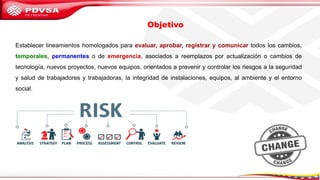 Establecer lineamientos homologados para evaluar, aprobar, registrar y comunicar todos los cambios,
temporales, permanentes o de emergencia, asociados a reemplazos por actualización o cambios de
tecnología, nuevos proyectos, nuevos equipos, orientados a prevenir y controlar los riesgos a la seguridad
y salud de trabajadores y trabajadoras, la integridad de instalaciones, equipos, al ambiente y el entorno
social.
Objetivo
 