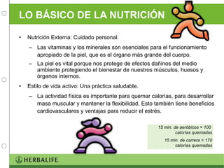 LO BÁSICO DE LA NUTRICIÓN Nutrición Externa: Cuidado personal. Las vitaminas y los minerales son esenciales para el funcionamiento apropiado de la piel, que es el órgano más grande del cuerpo. La piel es vital porque nos protege de efectos dañinos del medio ambiente protegiendo el bienestar de nuestros músculos, huesos y órganos internos. Estilo de vida activo: Una práctica saludable. La actividad física es importante para quemar calorías, para desarrollar masa muscular y mantener la flexibilidad. Esto también tiene beneficios cardiovasculares y ventajas para reducir el estrés. 15 min. de aeróbicos = 100  calorías quemadas 15 min. de carrera = 170 calorías quemadas 