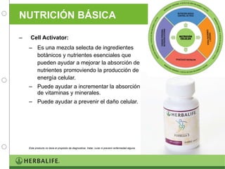NUTRICIÓN BÁSICA Cell Activator: Es una mezcla selecta de ingredientes botánicos y nutrientes esenciales que pueden ayudar a mejorar la absorción de nutrientes promoviendo la producción de energía celular. Puede ayudar a incrementar la absorción de vitaminas y minerales. Puede ayudar a prevenir el daño celular. Este producto no tiene el propósito de diagnosticar, tratar, curar ni prevenir enfermedad alguna. 