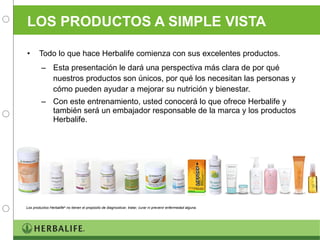 LOS PRODUCTOS A SIMPLE VISTA Todo lo que hace Herbalife comienza con sus excelentes productos. Esta presentación le dará una perspectiva más clara de por qué nuestros productos son únicos, por qué los necesitan las personas y cómo pueden ayudar a mejorar su nutrición y bienestar.  Con este entrenamiento, usted conocerá lo que ofrece Herbalife y también será un embajador responsable de la marca y los productos Herbalife. Los productos Herbalife ®  no tienen el propósito de diagnosticar, tratar, curar ni prevenir enfermedad alguna. 