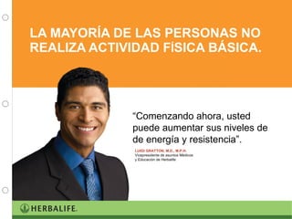 LA MAYORÍA DE LAS PERSONAS NO REALIZA ACTIVIDAD F Í SICA BÁSICA. LUIGI GRATTON, M.D., M.P.H. Vicepresidente de asuntos Médicos y Educación de Herbalife “ Comenzando ahora, usted puede aumentar sus niveles de de energía y resistencia”. 