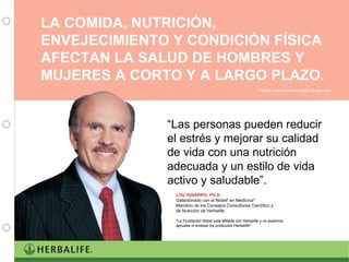 LA COMIDA, NUTRICIÓN, ENVEJECIMIENTO Y CONDICIÓN FÍSICA AFECTAN LA SALUD DE HOMBRES Y MUJERES A CORTO Y A LARGO PLAZO. Fuente: www.womens-health-fitness.com “ Las personas pueden reducir el estrés y mejorar su calidad de vida con una nutrición adecuada y un estilo de vida activo y saludable”.  LOU IGNARRO, PH.D. Galardonado con el Nobel †  en Medicina* Miembro de los Consejos Consultores Científico y de Nutrición de Herbalife *La Fundación Nobel está afiliada con Herbalife y no examina, aprueba ni endosa los productos   Herbalife ® . 