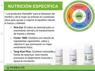 NUTRICIÓN ESPECÍFICA Los productos Herbalife ®  para el bienestar del hombre y de la mujer se enfocan en cuestiones clave para ayudar a mejorar el equilibrio natural, la fuerza y vitalidad. Xtra-Cal:  El calcio es esencial para un crecimiento normal y el mantenimiento de huesos y dientes. Factor 1000:  Contiene una mezcla de ingredientes vigorizantes, calcio y vitamina C que promueven un mejor rendimiento físico. Tang Kuei Plus:  Contiene manzanilla y hierba de tang kuei, esta mezcla promueve el relajamiento muscular y apoya la circulación. Este producto no tiene el propósito de diagnosticar, tratar, curar ni prevenir enfermedad alguna. 